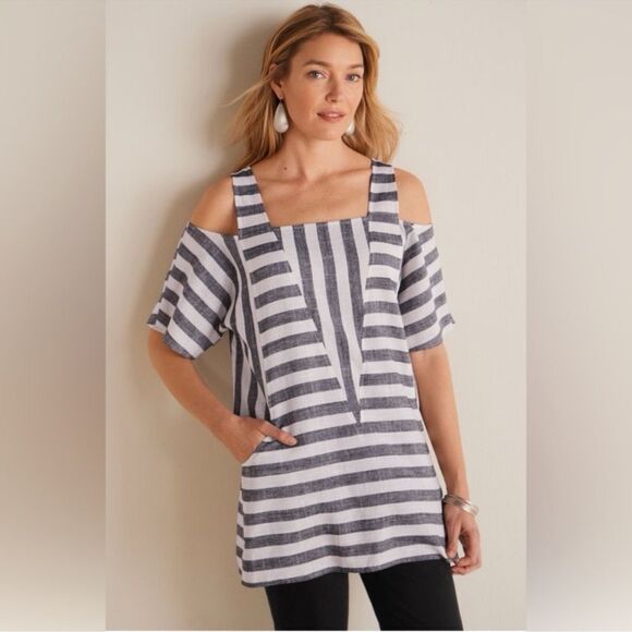 Soft Surroundings Sunset Linen Cold Shoulder White Grey Tunic Top C28 - Picture 3 of 9